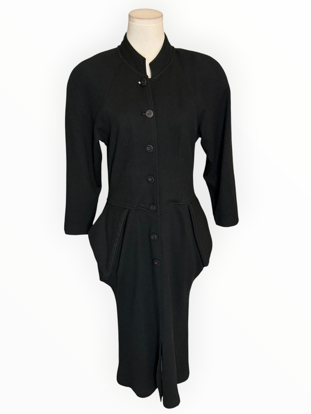 PEACOCK Vintage Avant Garde Lagenlook Black Button-Front Midi Dress M L Wool